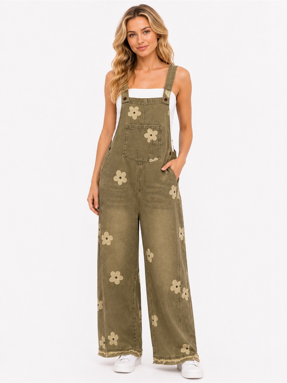 Olive Floral Patch Denim Overalls Size Medium for Women
